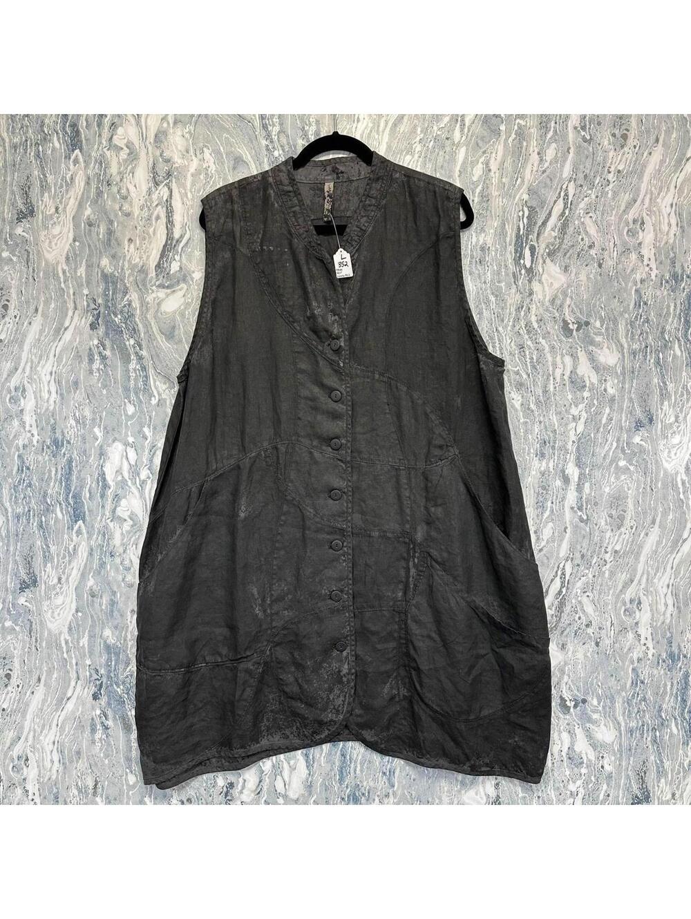 Boho Lagenlook Indie Grunge Dark Sleeveless Button-Up Parachute Vest Dress (L)